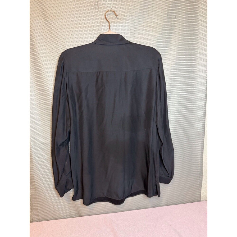 Coldwater Creek Silk Blouse Button Up Women Sz 12 Black Ruffle Dressy - Picture 2 of 8